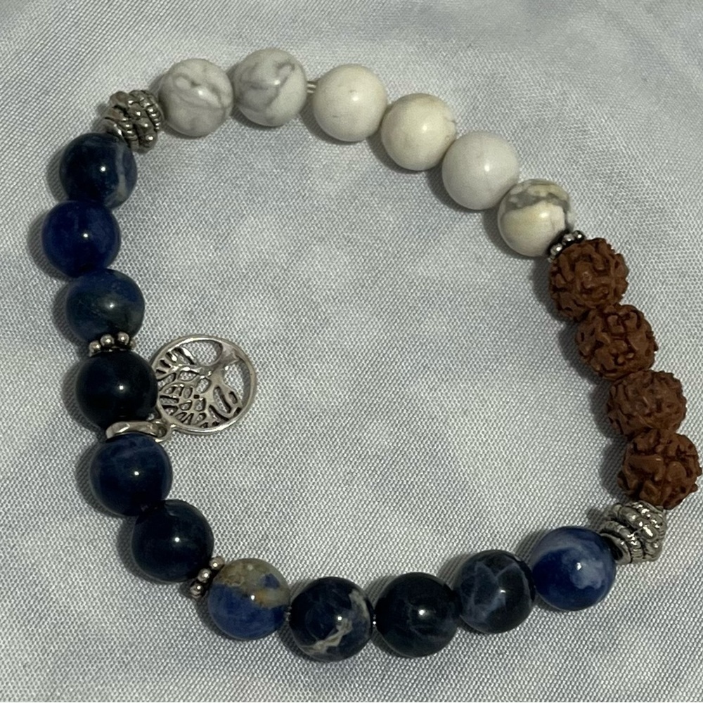 Handmade Sodalite, Howlite & Rudraksha Bracelet | Tree of Life Charm
